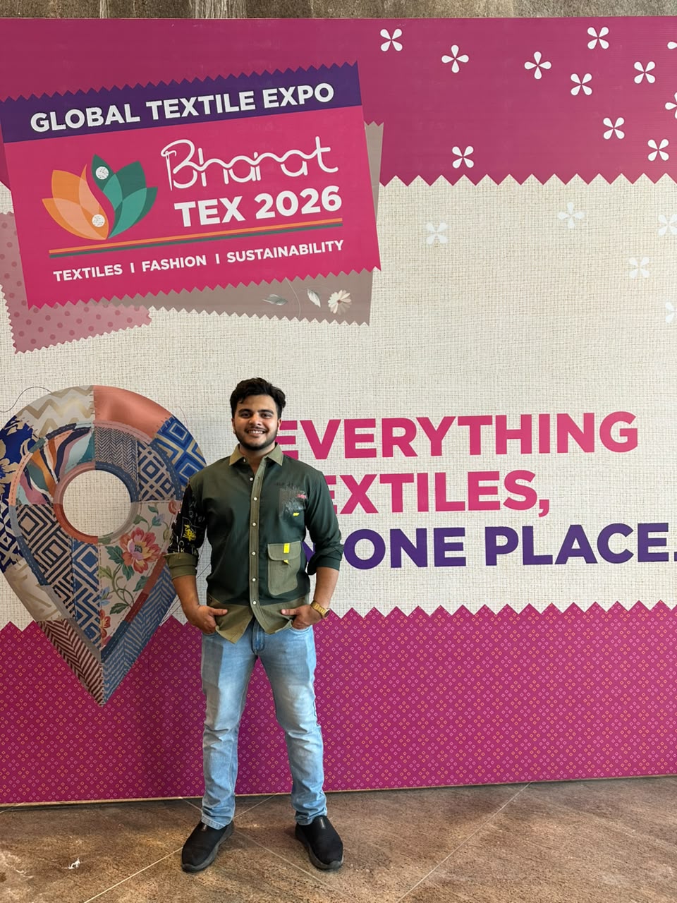 Vatsal Jain at the Bharat Tex 2026 expo backdrop, New Delhi