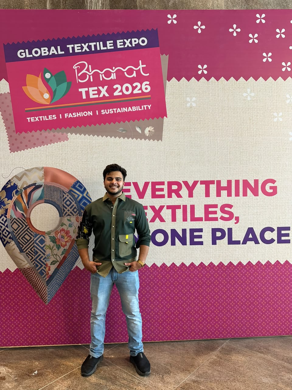 Vatsal Jain at the Bharat Tex 2026 Global Textile Expo wall, New Delhi